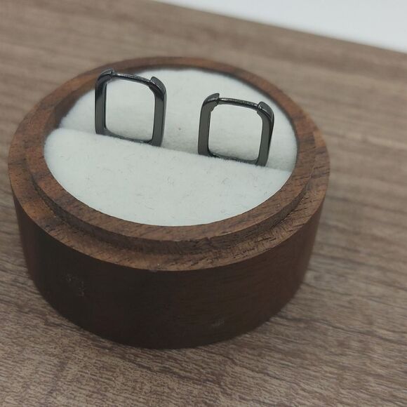 Gunmetal 925 Sterling Silver Rectangle Huggies Earrings - Picture 3 of 10